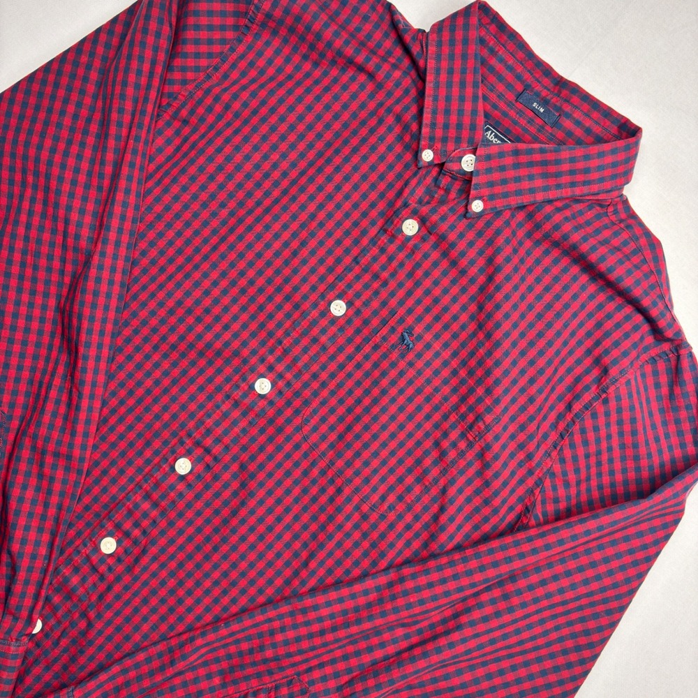 Abercrombie & Fitch Mens XL Slim Fit Red Navy Gingham Moose Logo Button Down
